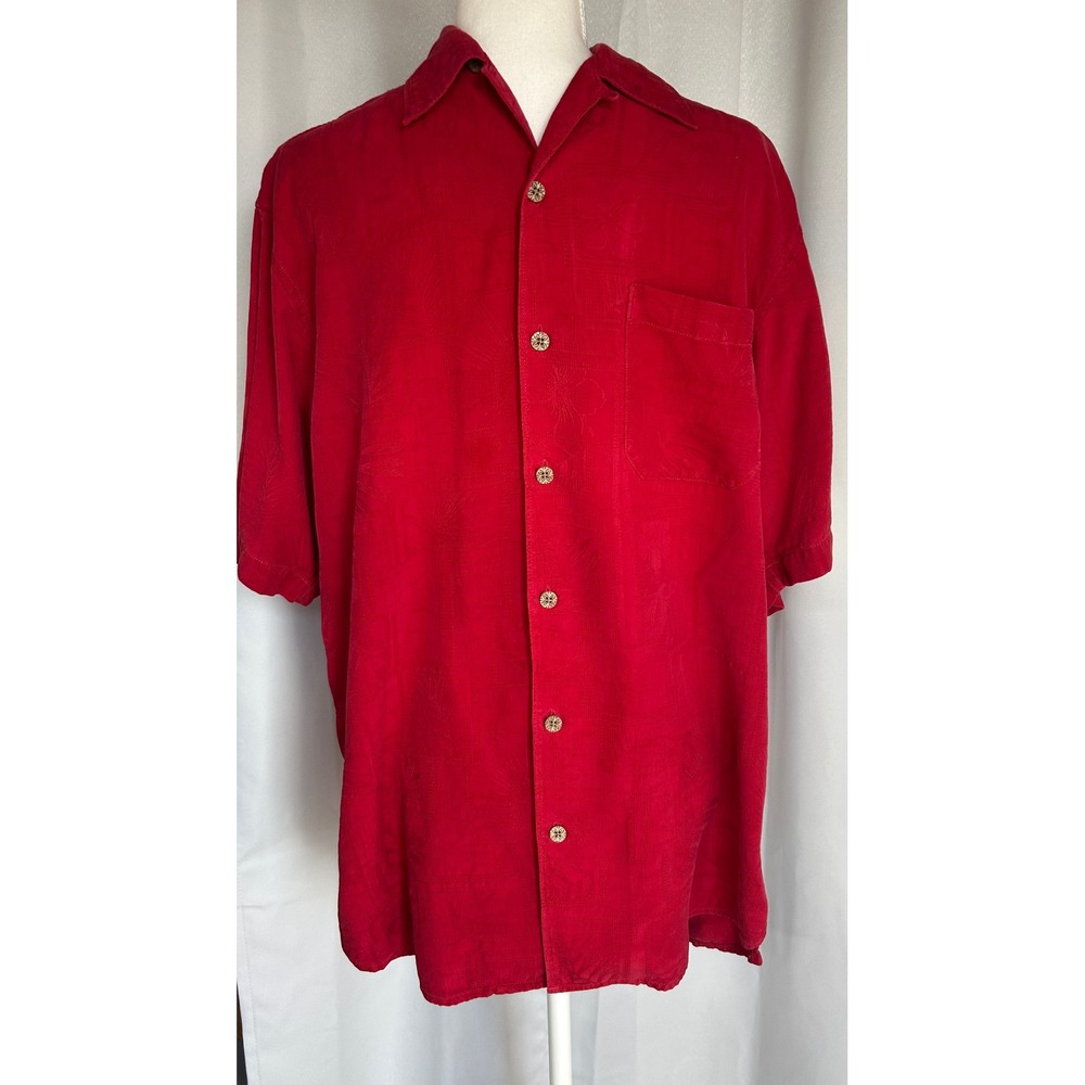 Tommy Bahama Mens Red 100% Silk Jacquard Palm Leaf Short Sleeve Camp Shirt Small